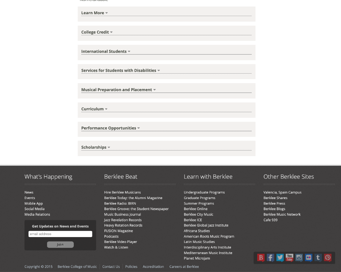 Berklee Summer Program landing page design, top - link to current site