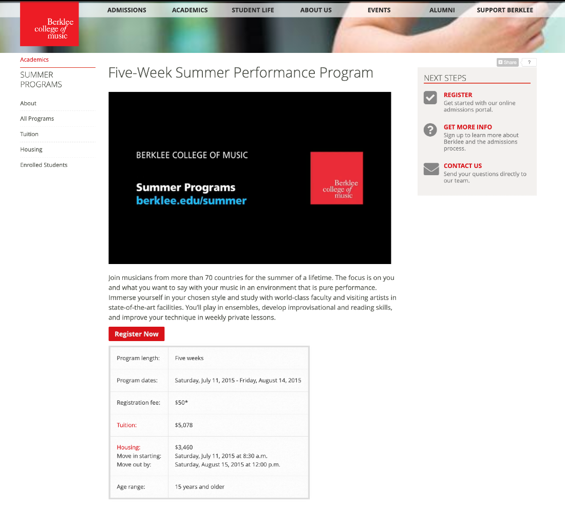 Berklee Summer Program landing page design, top - link to current site